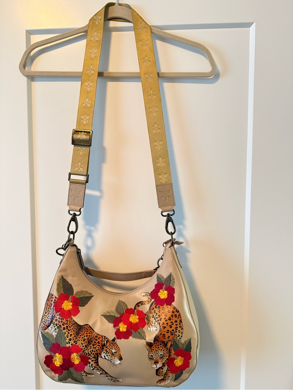 Anuschka Beige Shoulder Bag with Red Floral & Leopard Embroidery